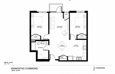Floor plan for 2 beds, 1 bath, 970 sqft